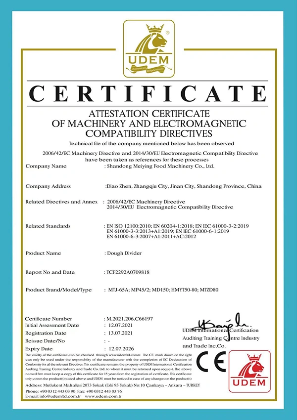 CE certification of the dough dividers